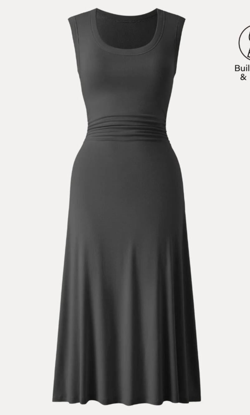 NWT OGL SkinKiss Scoop Neck Side Ruched New Airy Bra Midi Dress Black Size XS